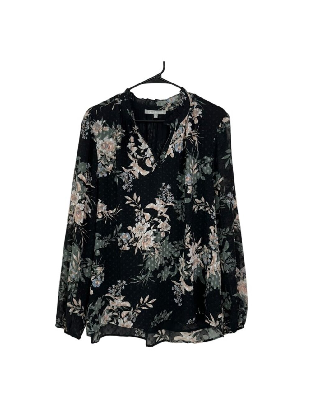 Daniel Rainn Black Floral Long-Sleeve V-Neck Tunic Blouse Women Size XL Pullover